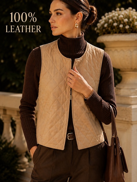 Pamela McCoy Jackets & Blazers - Pamela McCoy Genuine Leather Quilted Vest Size L Tan Beige Zip Front